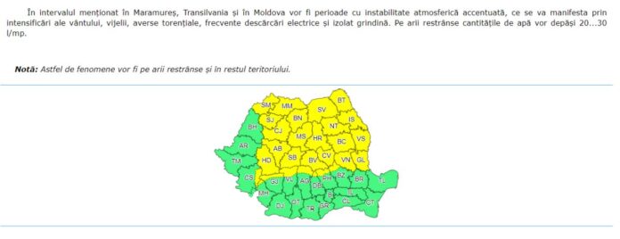 Cod galben de ploi și vijelii în zona de nord a județului Prahova