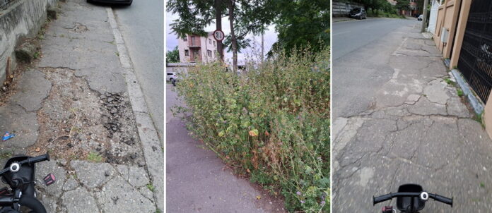 Voi pe unde vă plimbați copiii? Trotuarul străzii Marin Brutaru din Ploiești îi face pe părinți se meargă pe carosabil